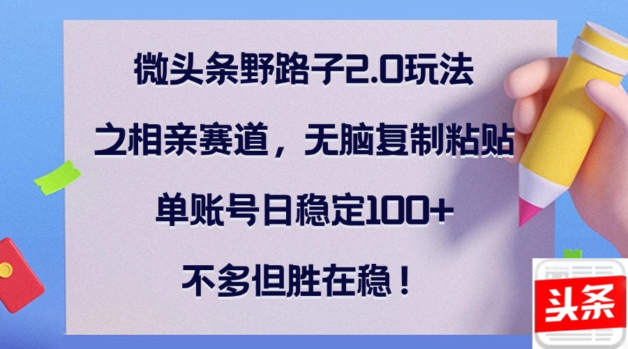 微头条野路子2.0玩法之相亲赛道，无脑复制粘贴，单账号日稳定100+，不…-沐羽项目网