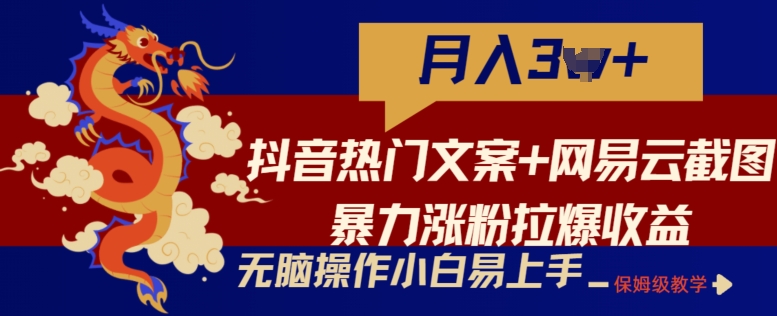 抖音热门文案+网易云截图暴力涨粉拉爆收益玩法，小白无脑操作，简单易上手-沐羽项目网
