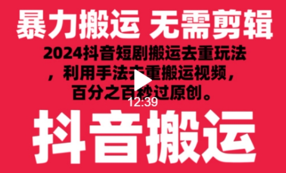 2024最新抖音搬运技术，抖音短剧视频去重，手法搬运，利用工具去重，达到秒过原创的效果-沐羽项目网