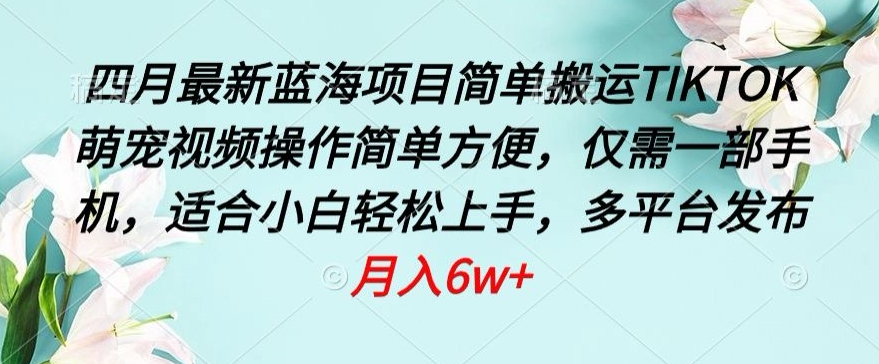 四月最新蓝海项目，简单搬运TIKTOK萌宠视频，操作简单方便，仅需一部手机-沐羽项目网