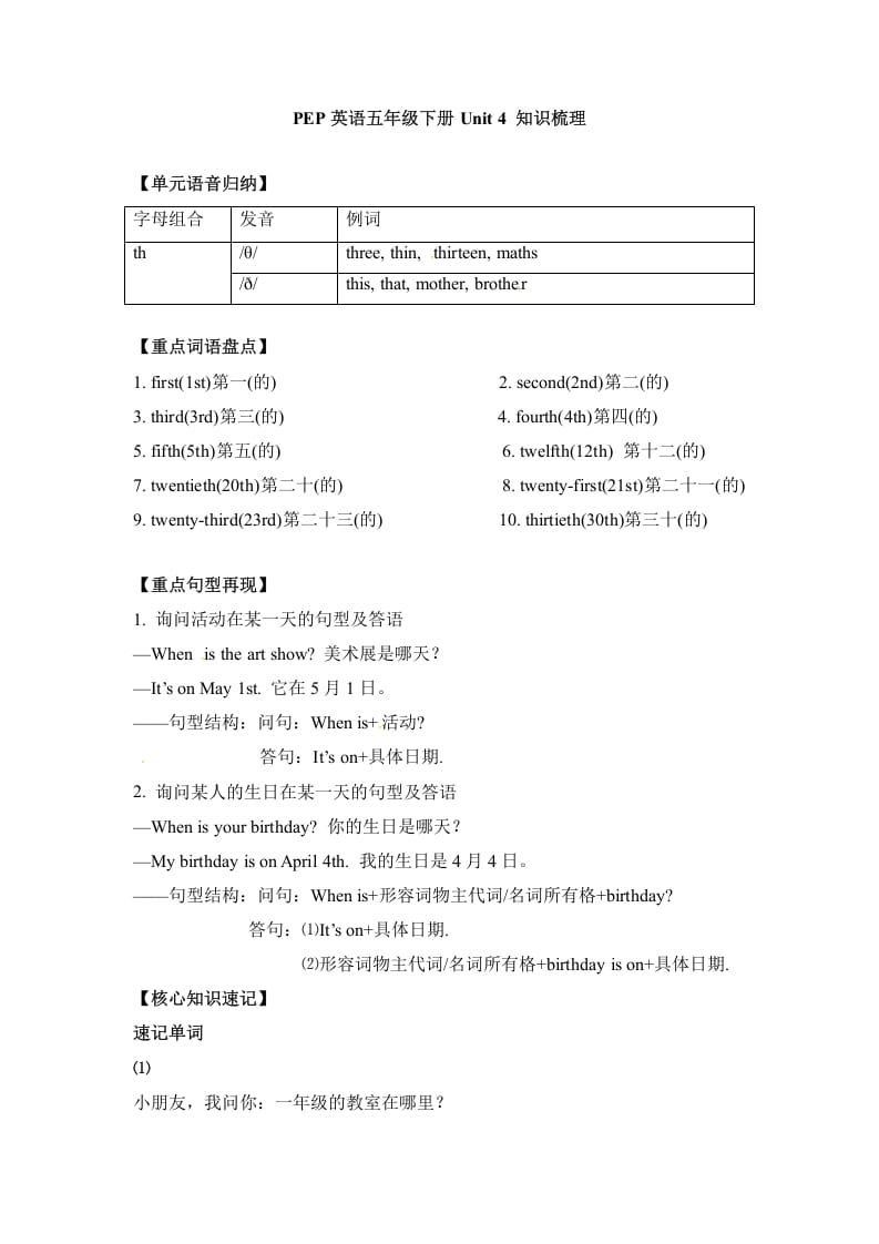 五年级数学下册英语单元知识梳理-Unit4Whenistheartshow人教PEP-沐羽项目网