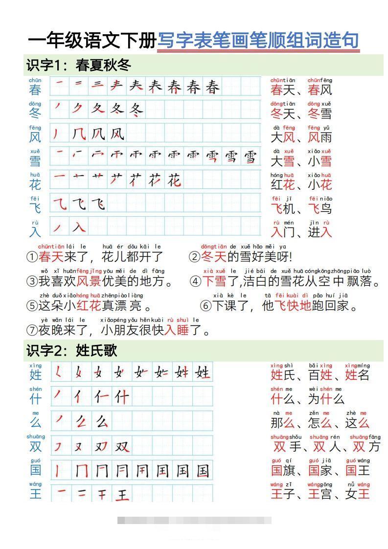 1.19一年级语文下册写字表笔画笔顺组词造句-沐羽项目网