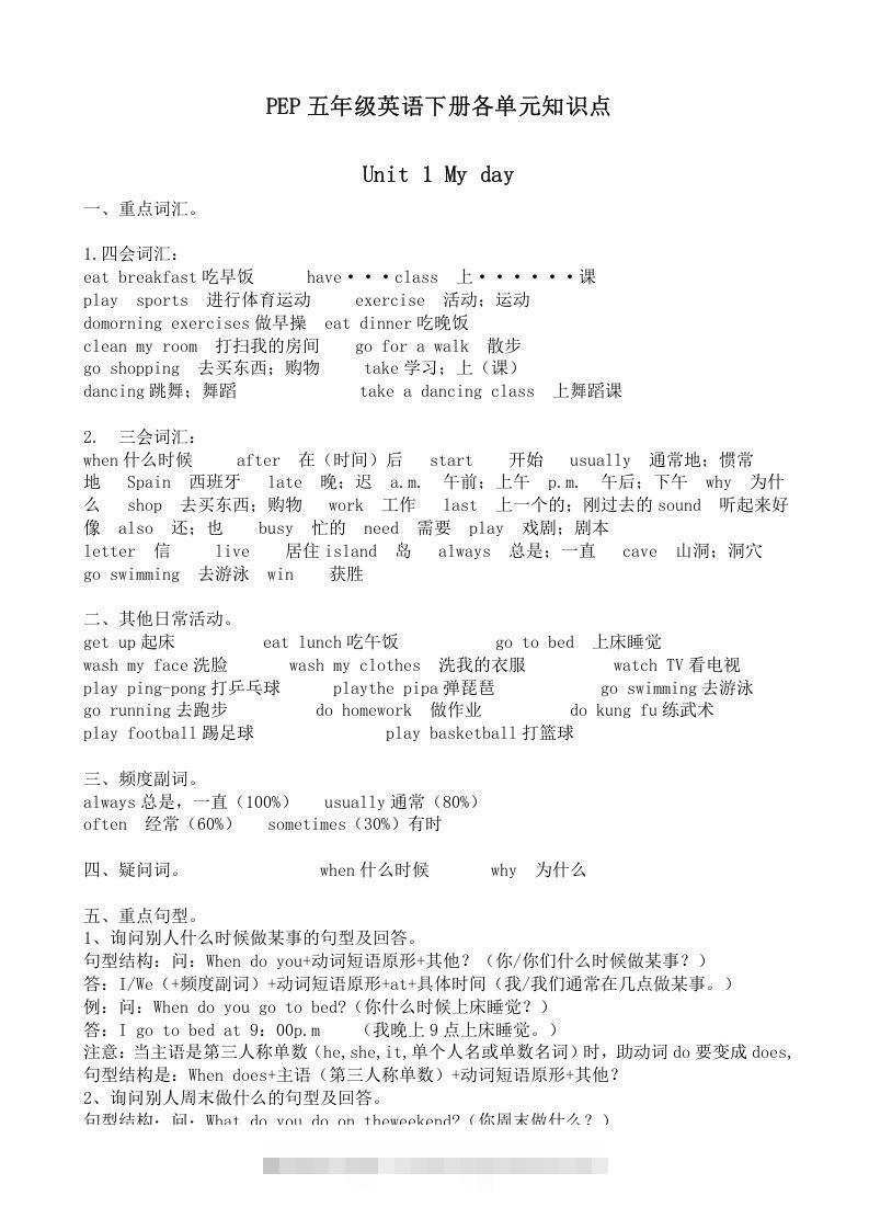 五年级英语下册五英下知识点21页（人教PEP版）-沐羽项目网