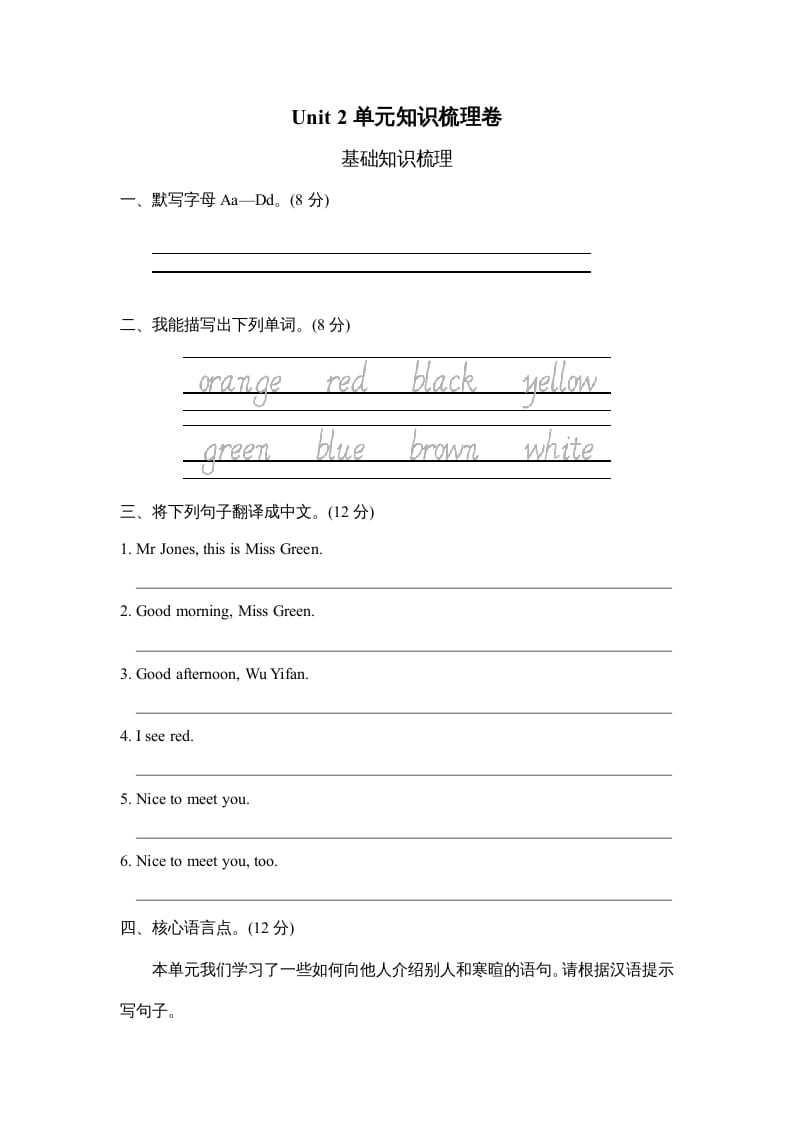 三年级英语上册Unit2单元知识梳理卷（人教PEP）-沐羽项目网