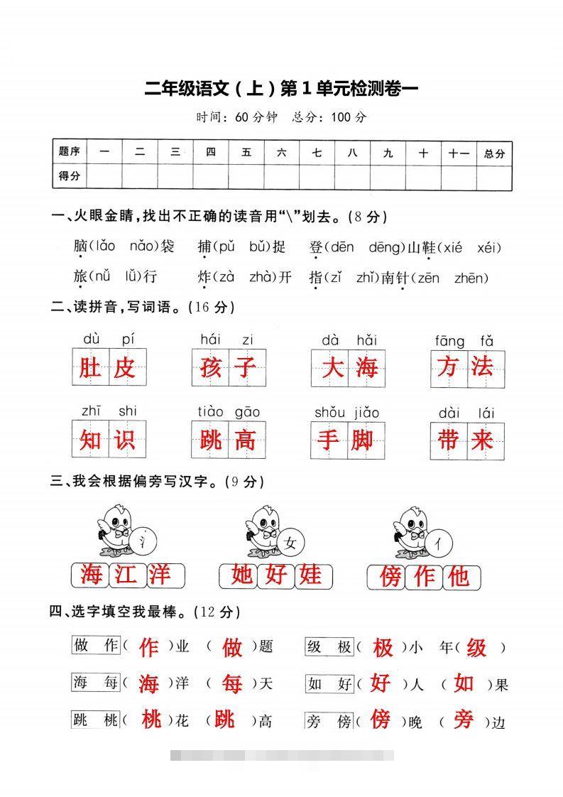 二上语文第一单元检测卷（一）-沐羽项目网