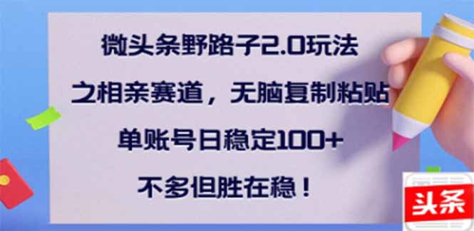 微头条野路子2.0玩法之相亲赛道，无脑搬砖复制粘贴，单账号日稳定300+…-沐羽项目网