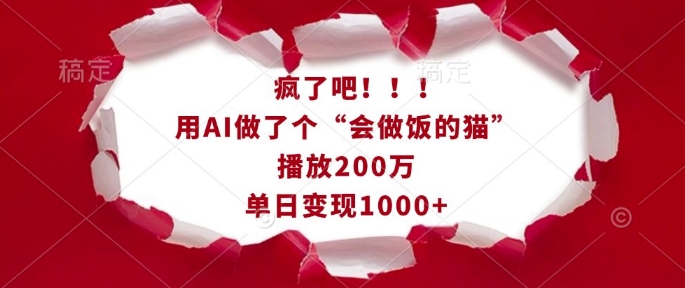 疯了吧！用AI做了个“会做饭的猫”，播放200万，单日变现1k-沐羽项目网