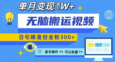 无脑搬运视频号可批量复制，新手即可操作，日引精准创业粉300+，月变现过W 【揭秘】-沐羽项目网