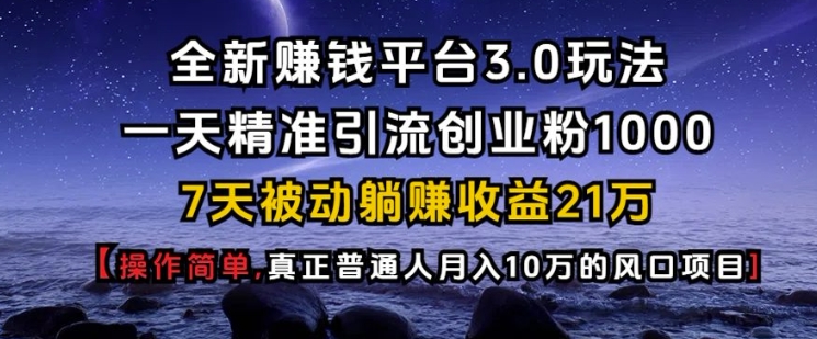 全新赚钱平台3.0玩法一天精准引流创业粉1000.7天被动躺Z收益21W【仅揭秘】-沐羽项目网