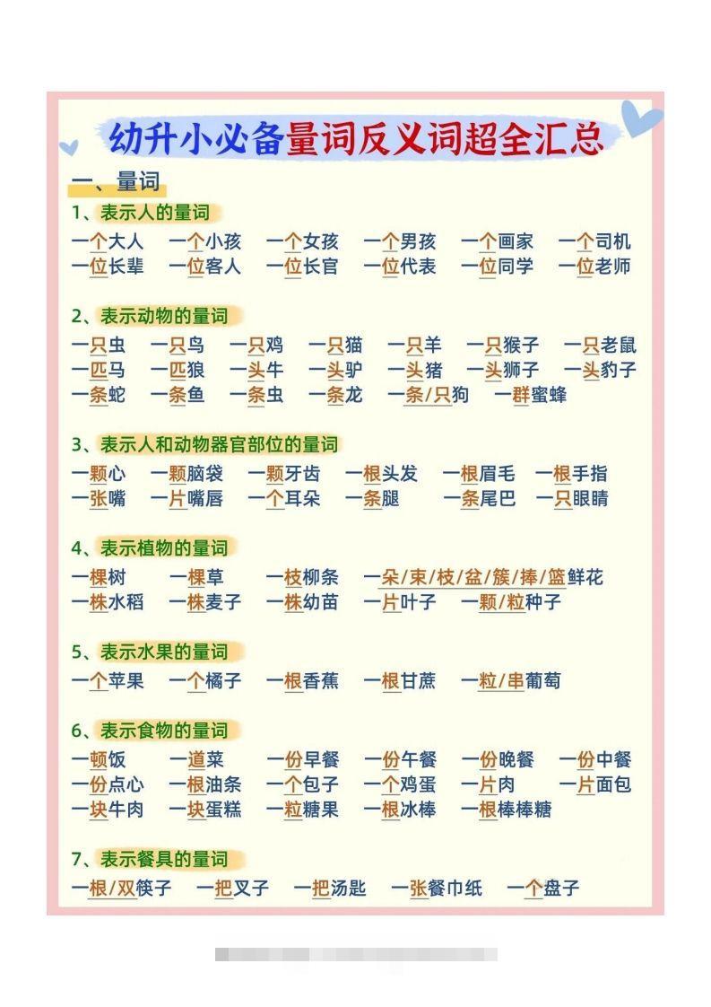 幼小衔接必备量词反义词汇总-沐羽项目网