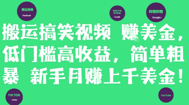 搬运搞笑视频挣美金，低门槛高收益，简单粗暴新手月入上千美刀-沐羽项目网