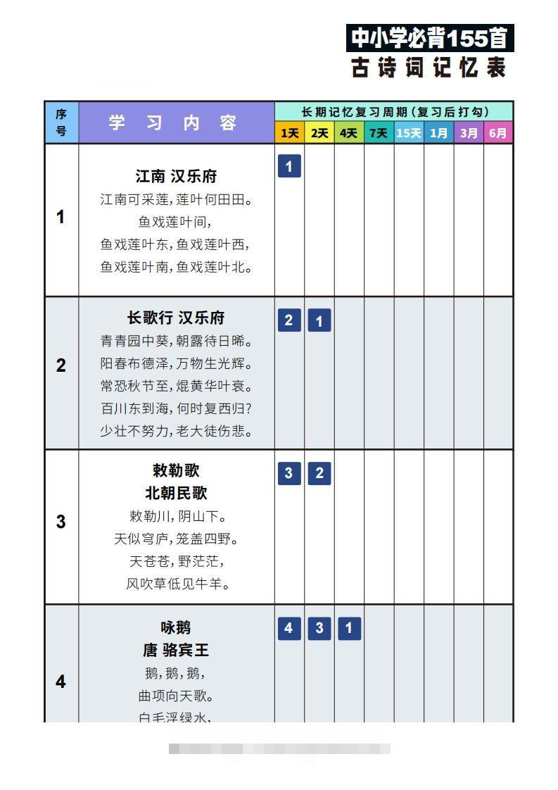 155首古诗词艾宾浩斯记忆表-沐羽项目网
