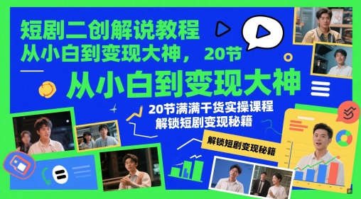 短剧二创解说教程，从小白到变现大神，20节满满干货实操课程，解锁短剧变现秘籍-沐羽项目网