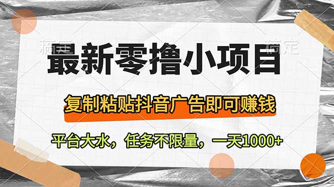 最新零撸小项目，复制粘贴抖音广告即可赚钱，平台大水，任务不限量，一…-沐羽项目网