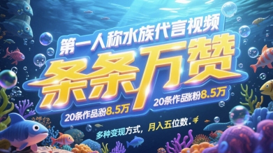 第一人称水族代言视频，条条万赞，20条作品涨粉7.8W，多种变现方式月入五位数-沐羽项目网